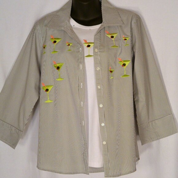 Majestic Martini Button Up Shirt Set Womens S Blue White Striped 2pc Preppy Top - Picture 5 of 10